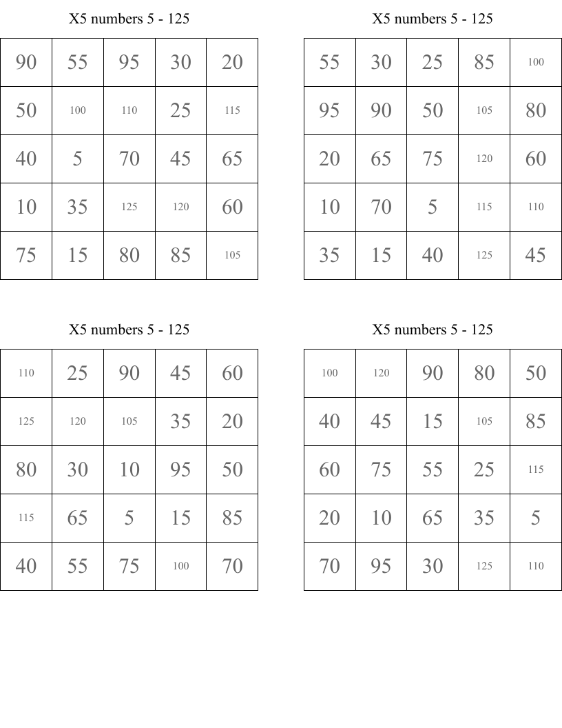 X5 numbers 5 - 125 Bingo Cards