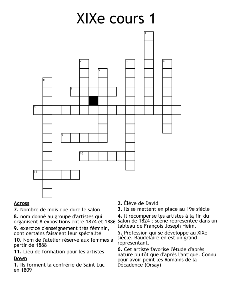 XIXe cours 1 Crossword