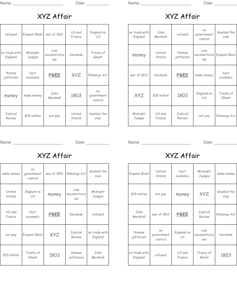 XYZ Affair Bingo Cards