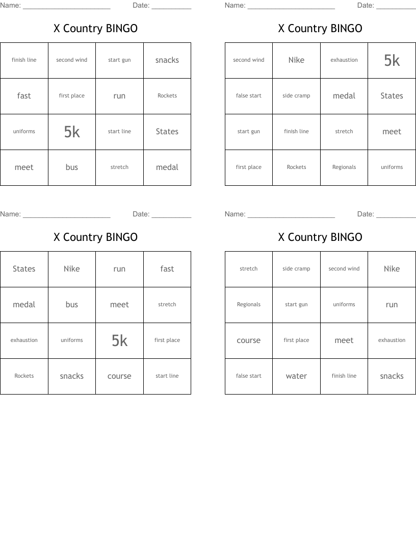 X Country BINGO