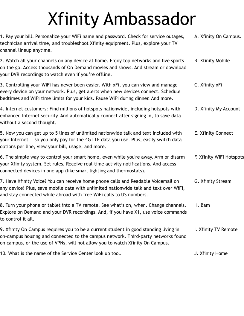 Xfinity Ambassador Worksheet