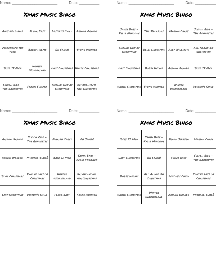 Xmas Music Bingo