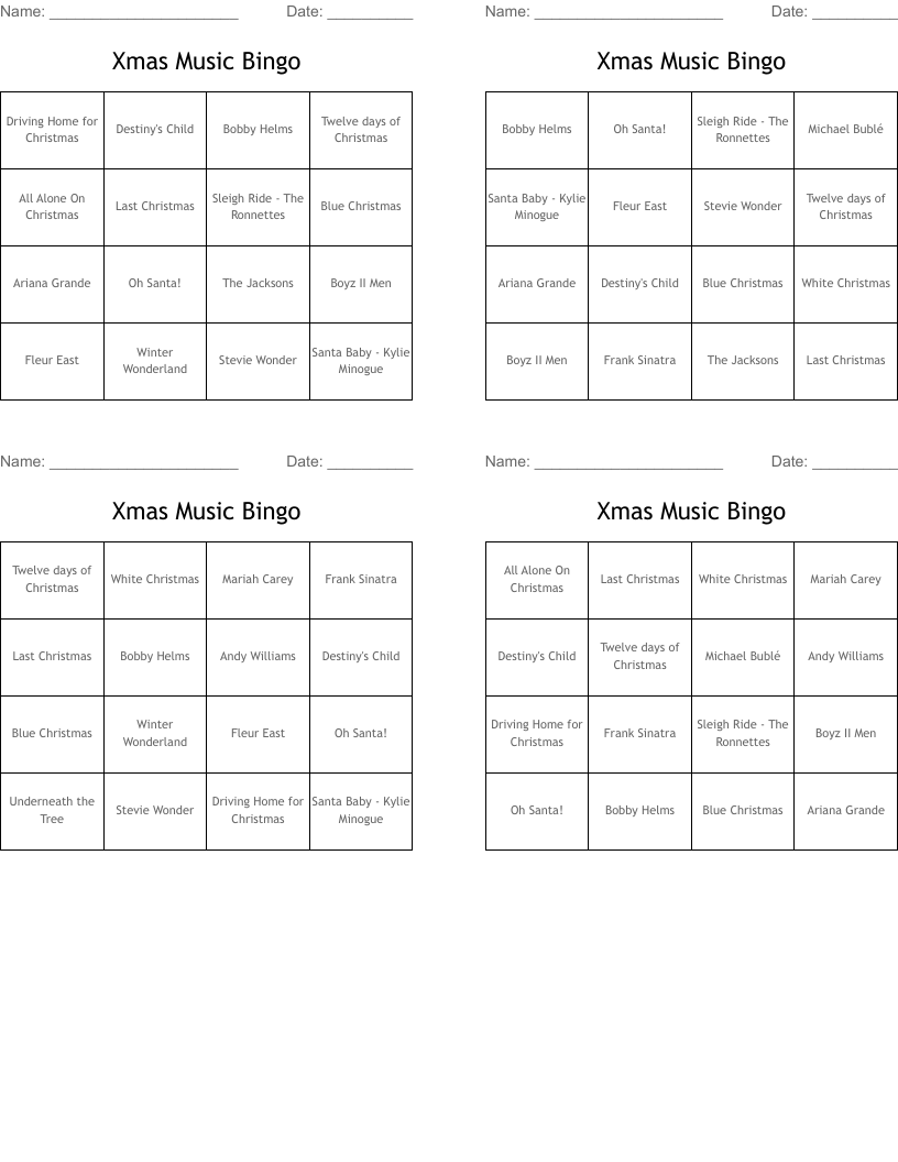Xmas Music Bingo