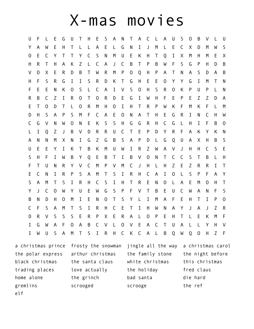 X-mas movies Word Search