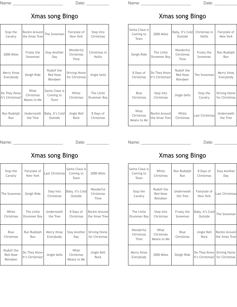 Xmas song Bingo