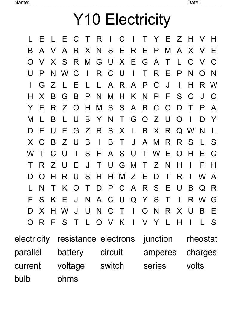 Y10 Electricity Word Search