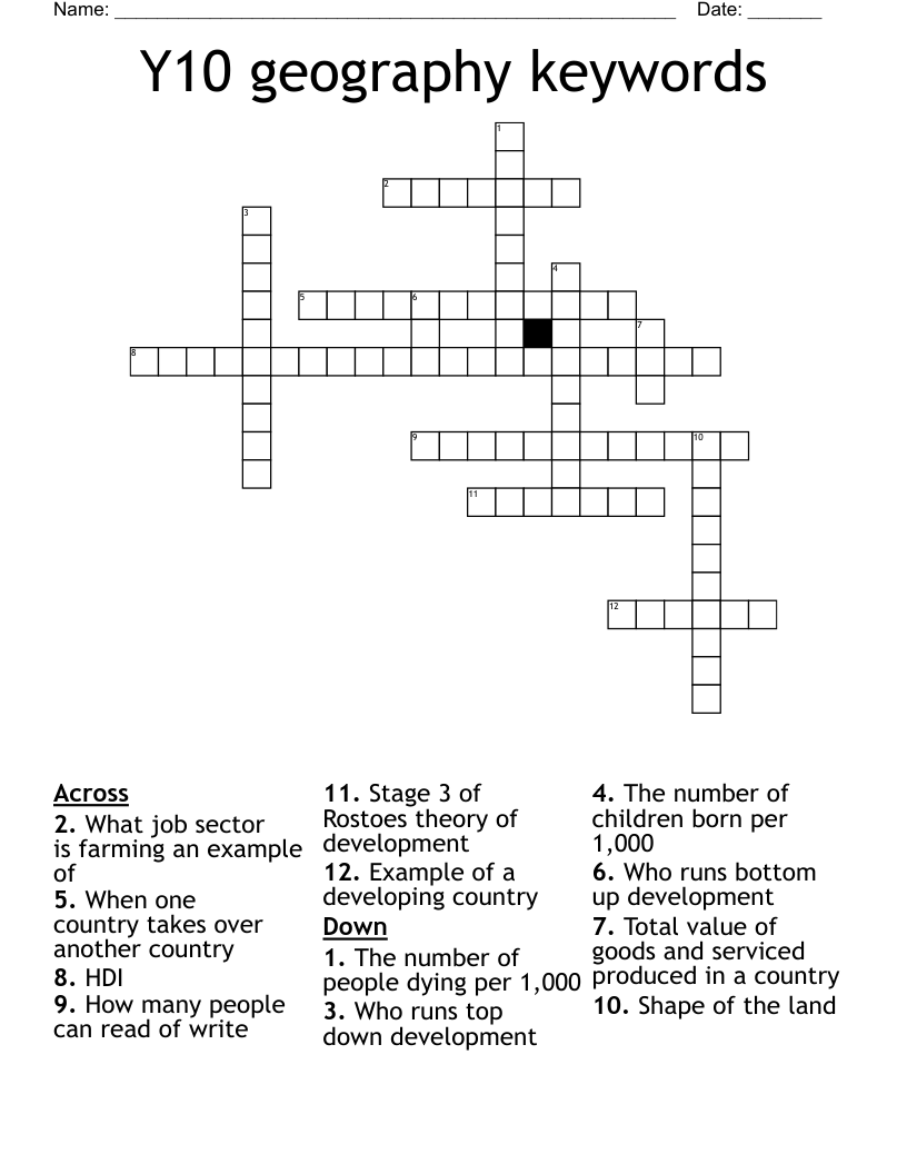 Y10 geography keywords Crossword