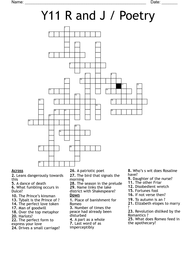Y11 R and J / Poetry  Crossword