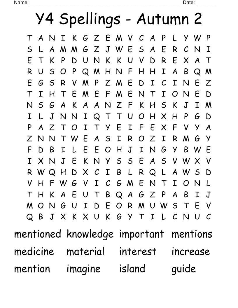 Y4 Spellings - Autumn 2 Word Search