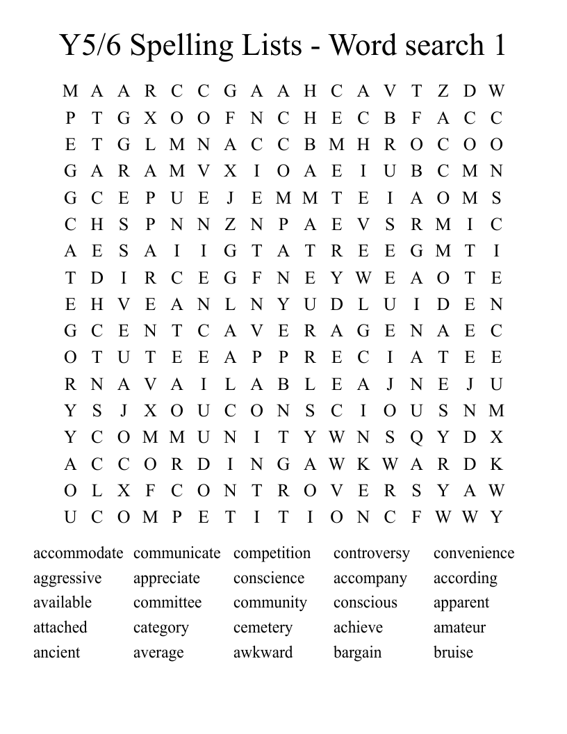 Y5/6 Spelling Lists - Word search 1
