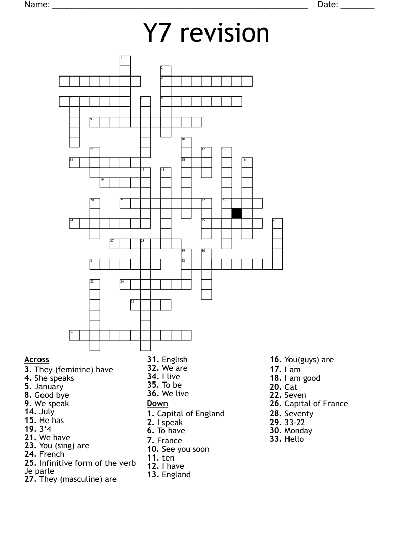 Y7 revision Crossword