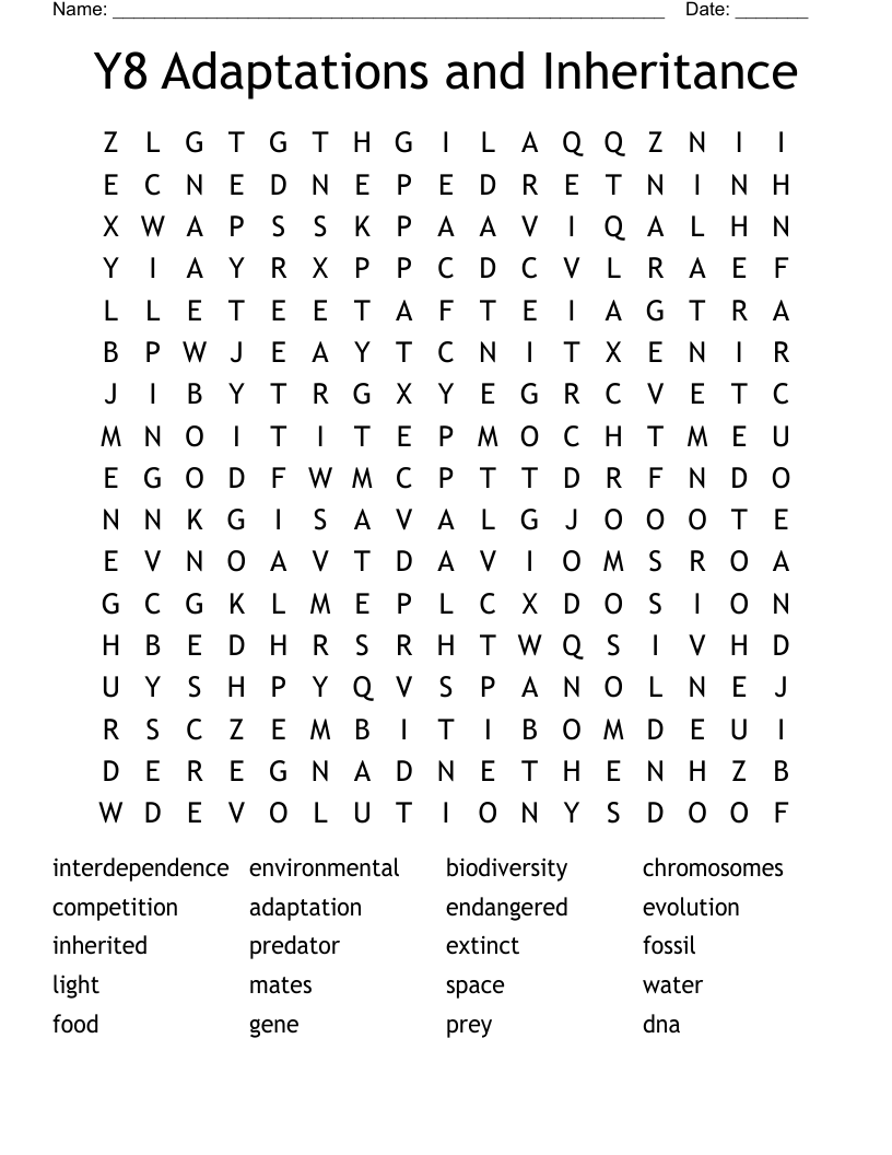 Y8 Adaptations and Inheritance Word Search