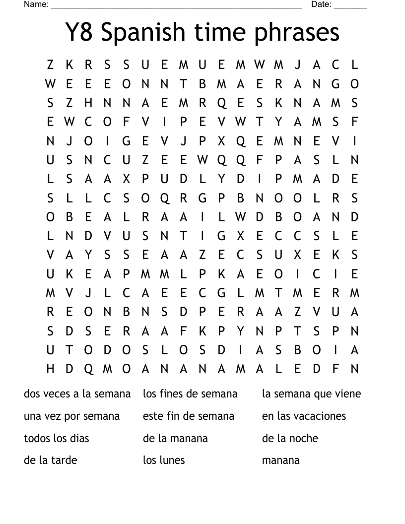 Y8 Spanish time phrases  Word Search