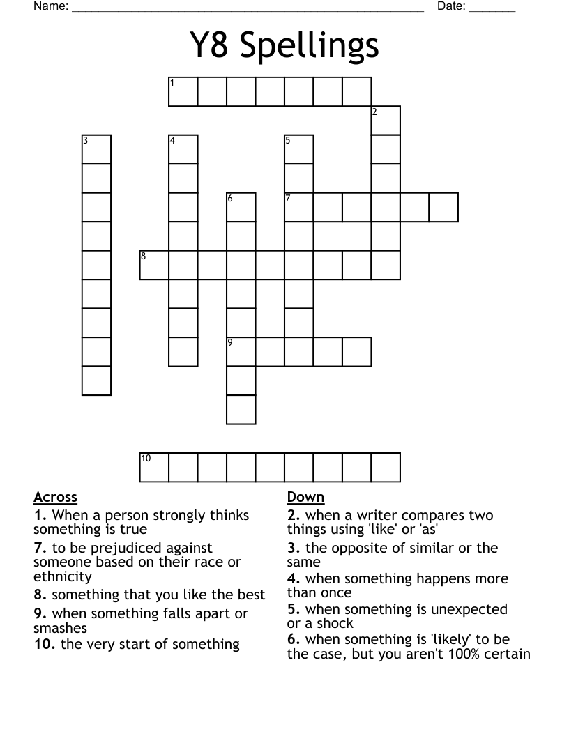 Y8 Spellings Crossword
