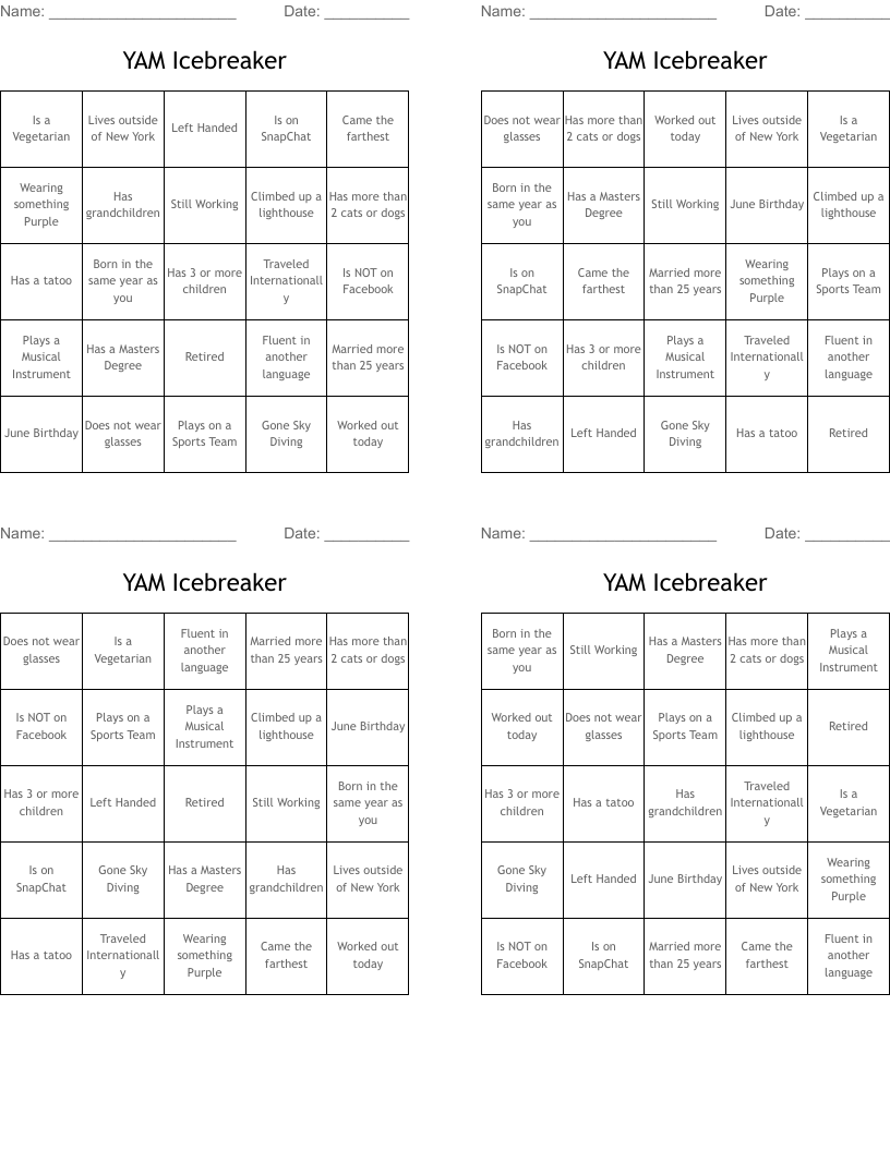 YAM Icebreaker Bingo Cards