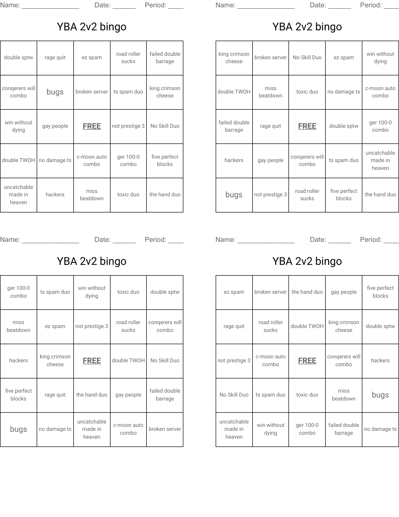 YBA 2v2 bingo