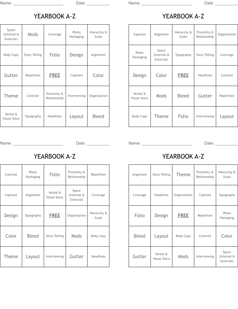 YEARBOOK A-Z Bingo Cards