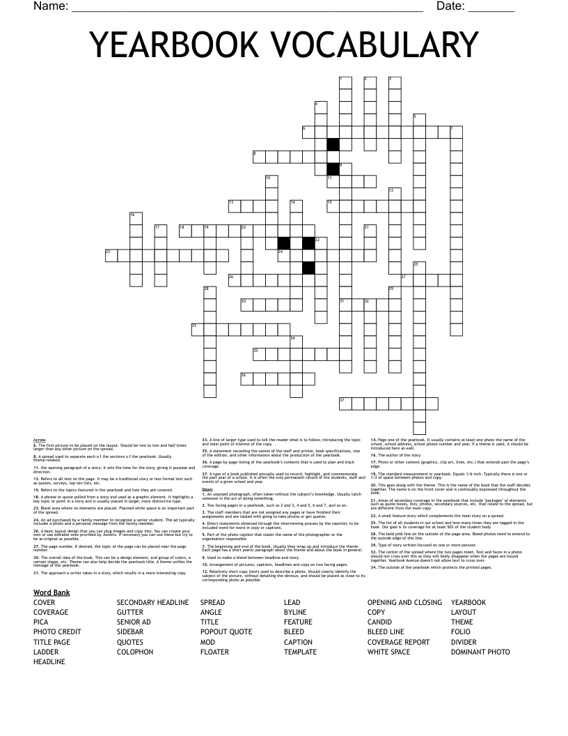 YEARBOOK VOCABULARY Crossword