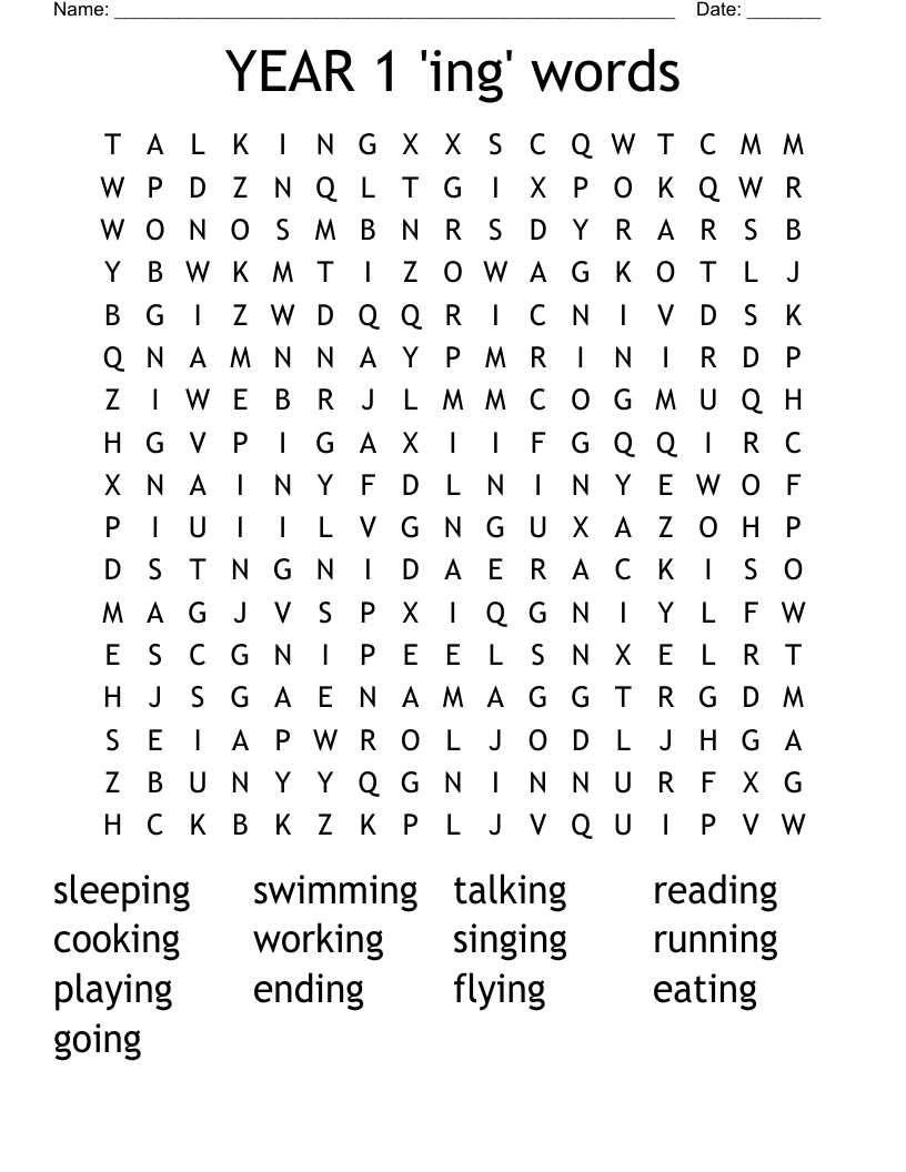 YEAR 1 'ing' words Word Search