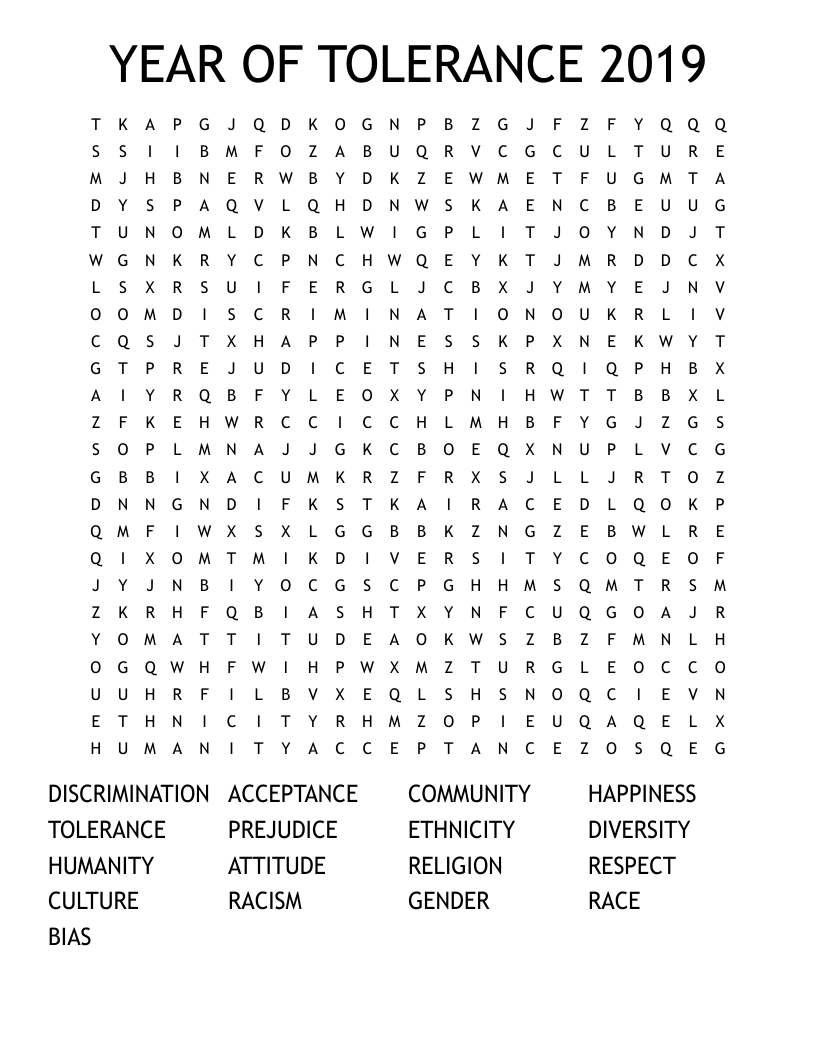 YEAR OF TOLERANCE 2019  Word Search