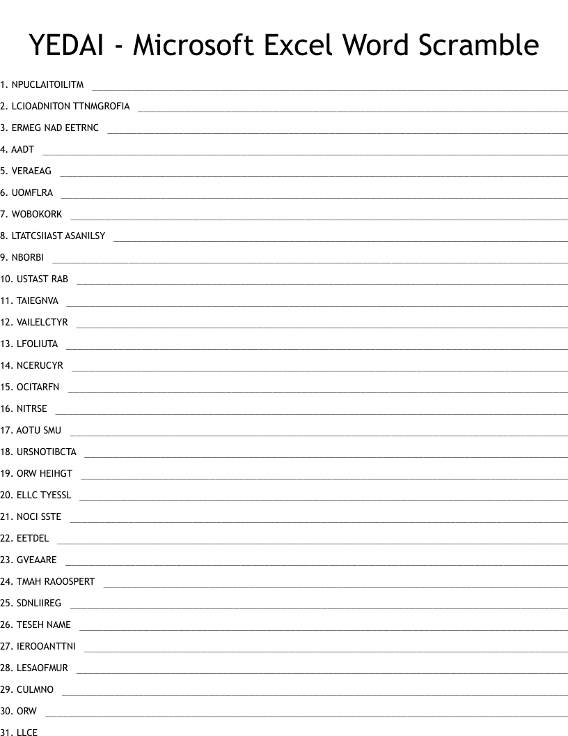 YEDAI - Microsoft Excel Word Scramble