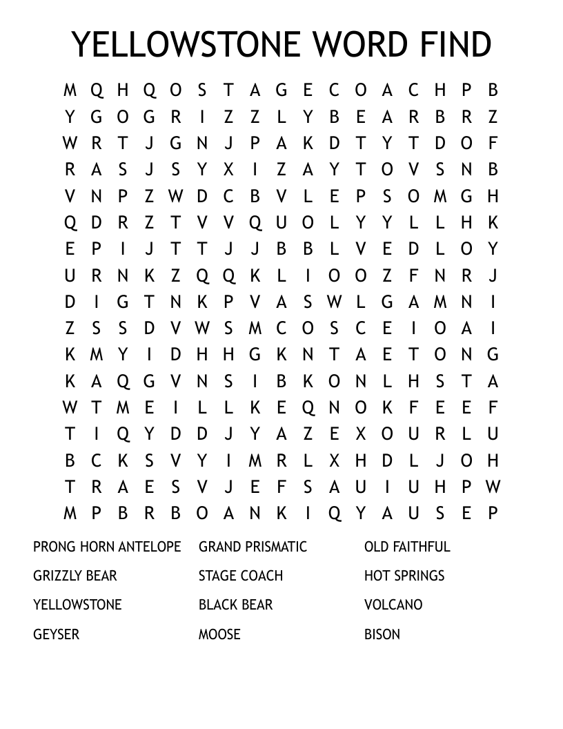 YELLOWSTONE WORD FIND Word Search