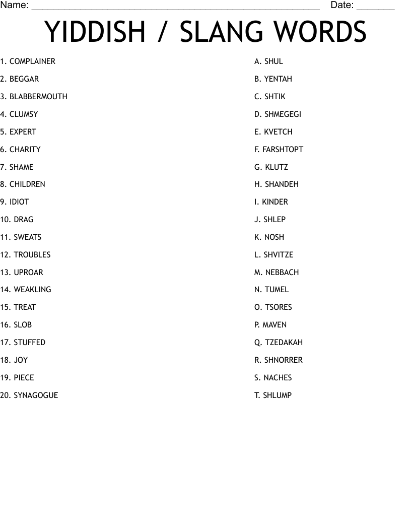 YIDDISH / SLANG WORDS Worksheet