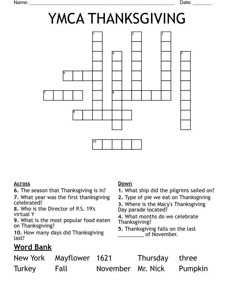 YMCA THANKSGIVING  Crossword