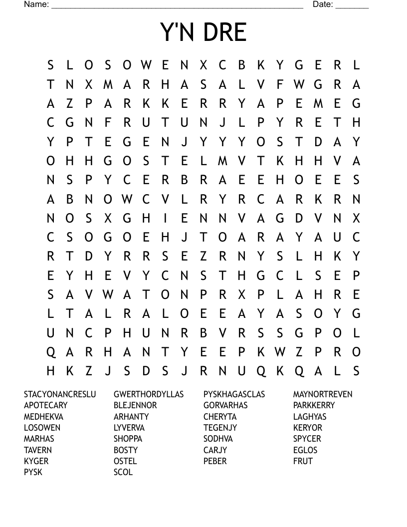 Y'N DRE Word Search