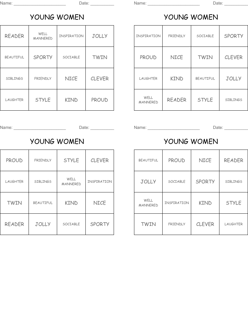 YOUNG WOMEN Bingo Cards