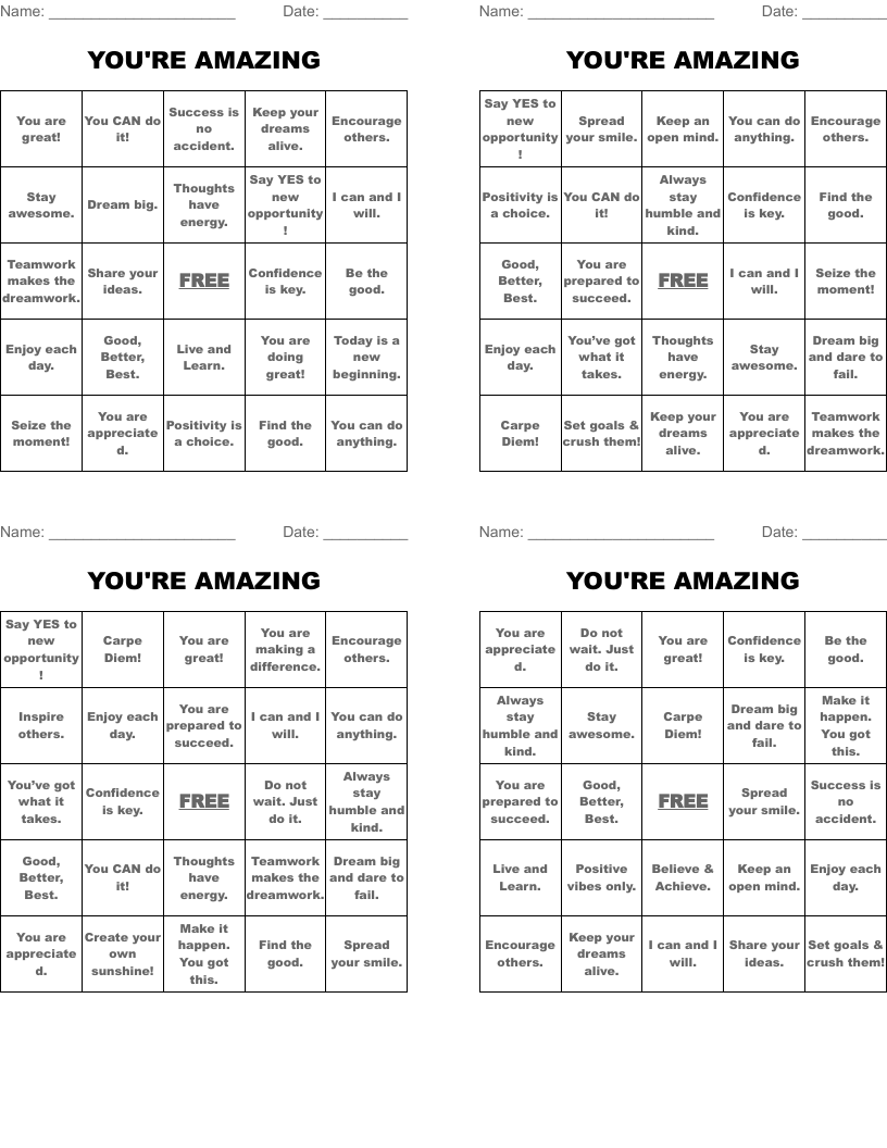YOU'RE AMAZING Bingo Cards