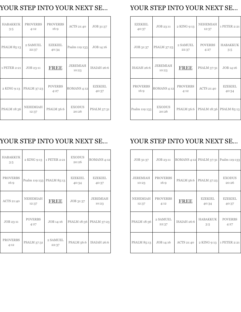 YOUR STEP INTO YOUR NEXT SEASON Bingo Cards