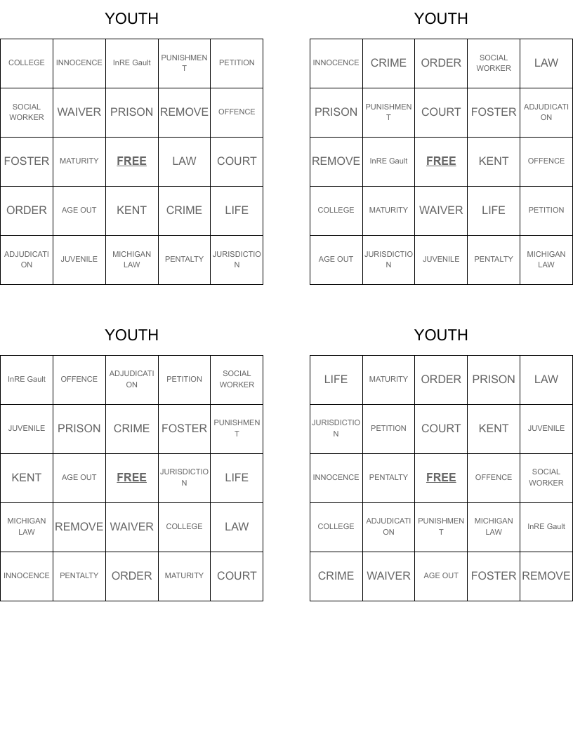 YOUTH Bingo Cards