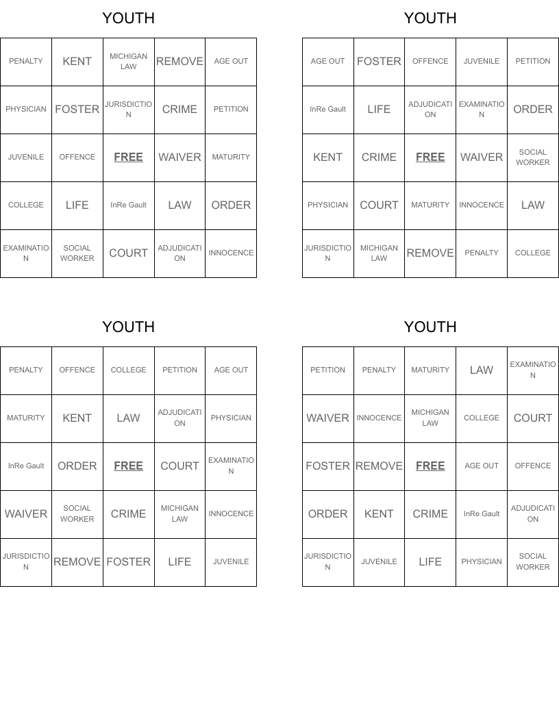 YOUTH Bingo Cards