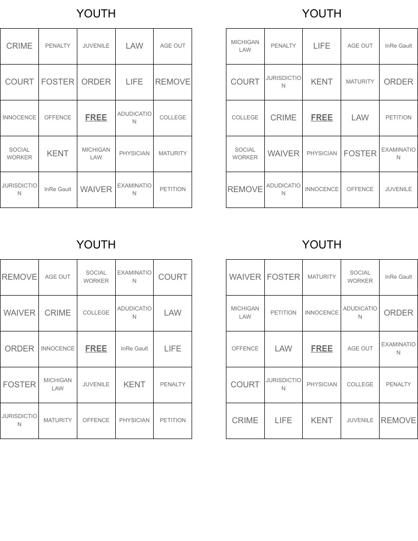 YOUTH Bingo Cards