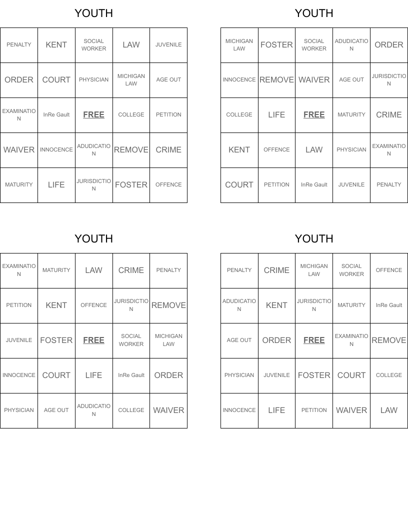 YOUTH Bingo Cards