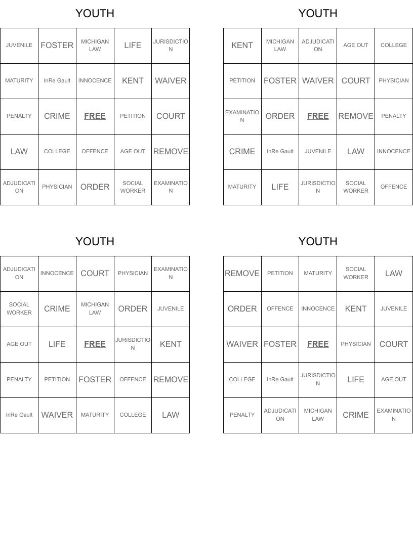 YOUTH Bingo Cards