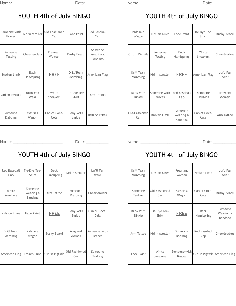 YOUTH 4th of July BINGO