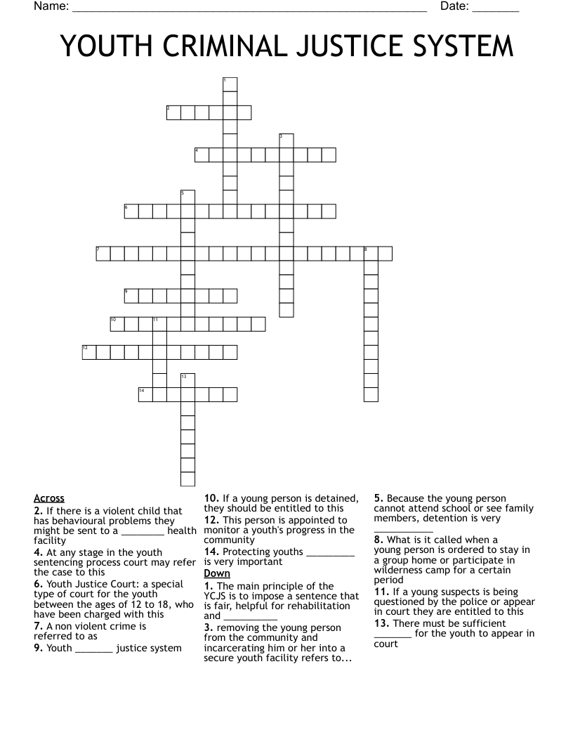 YOUTH CRIMINAL JUSTICE SYSTEM Crossword