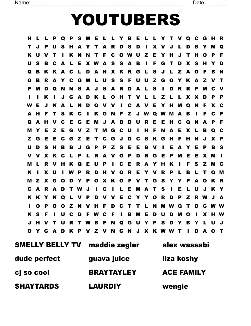 YOUTUBERS Word Search