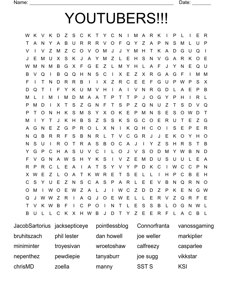YOUTUBERS!!! Word Search