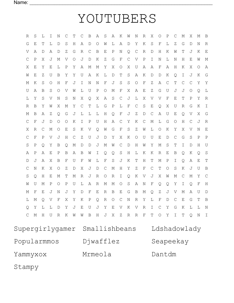 YOUTUBERS Word Search