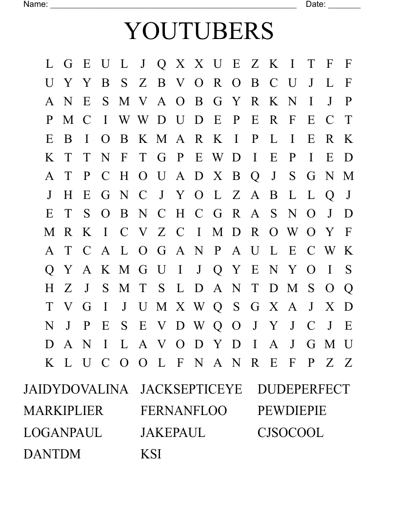 YOUTUBERS Word Search