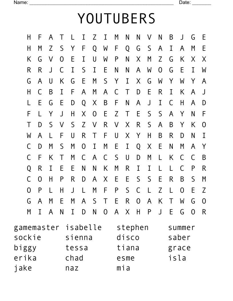 YOUTUBERS Word Search