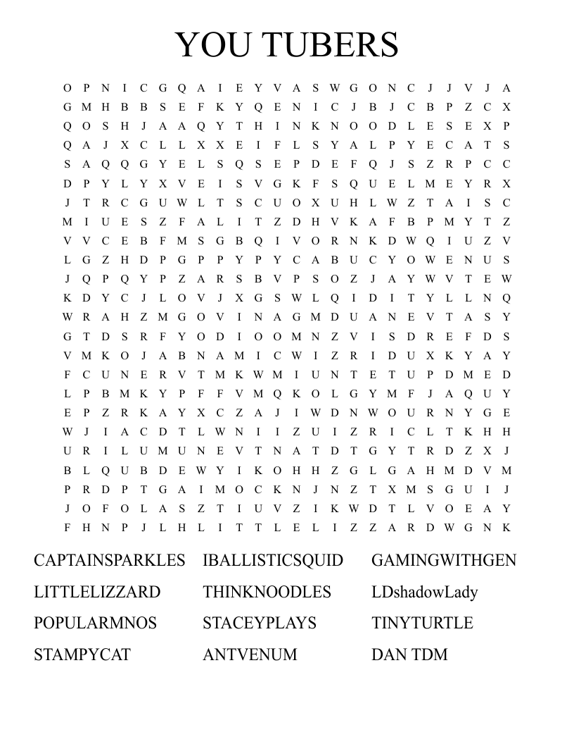 YOU TUBERS Word Search