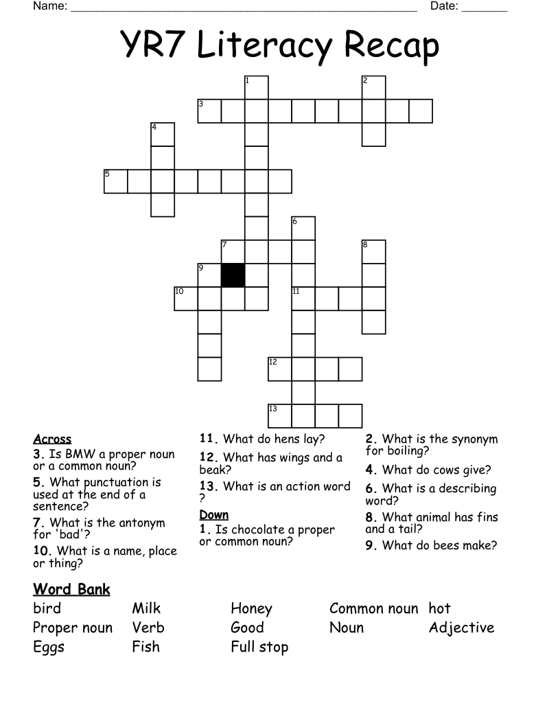 YR7 Literacy Recap Crossword