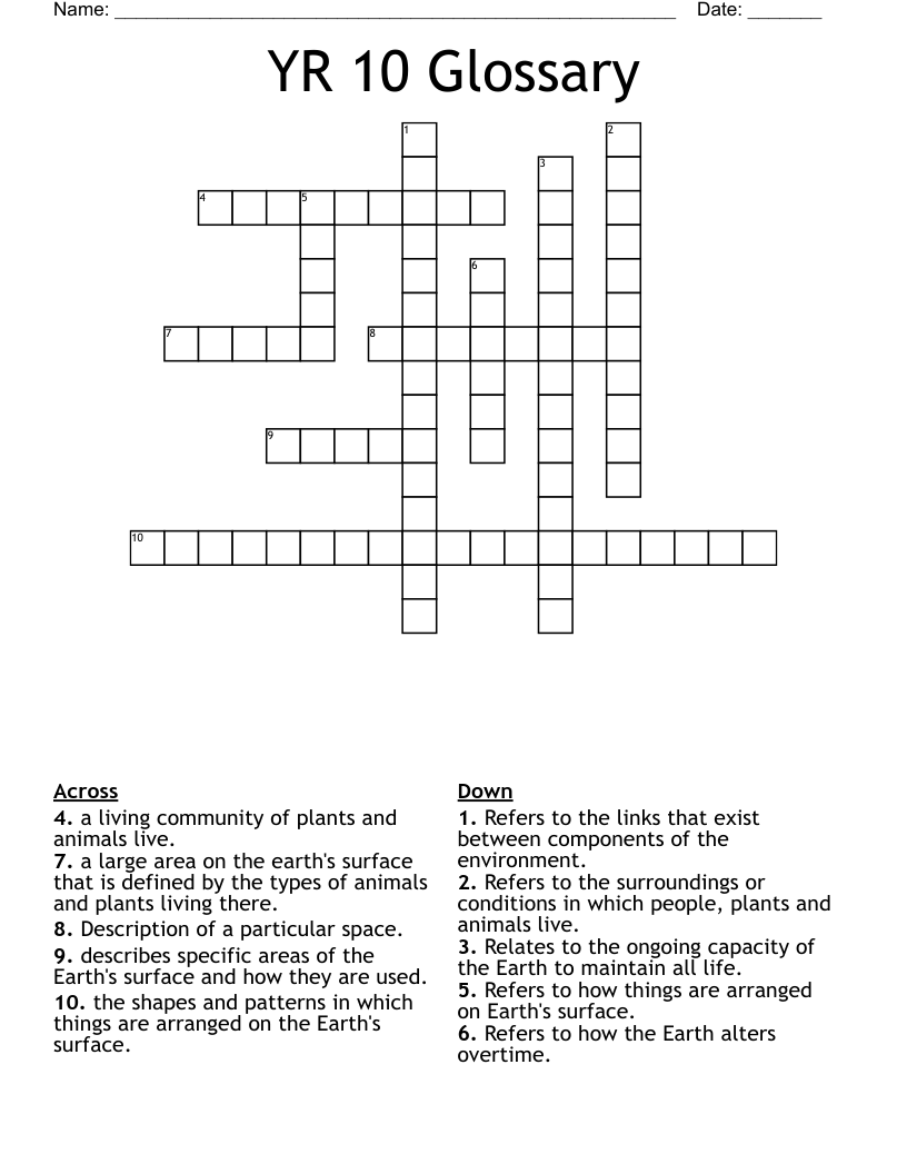 YR 10 Glossary Crossword