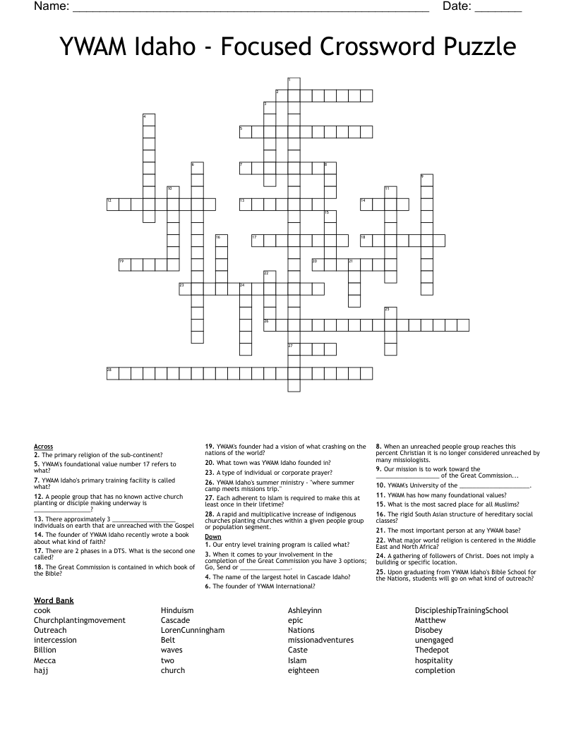 YWAM Idaho - Focused Crossword Puzzle