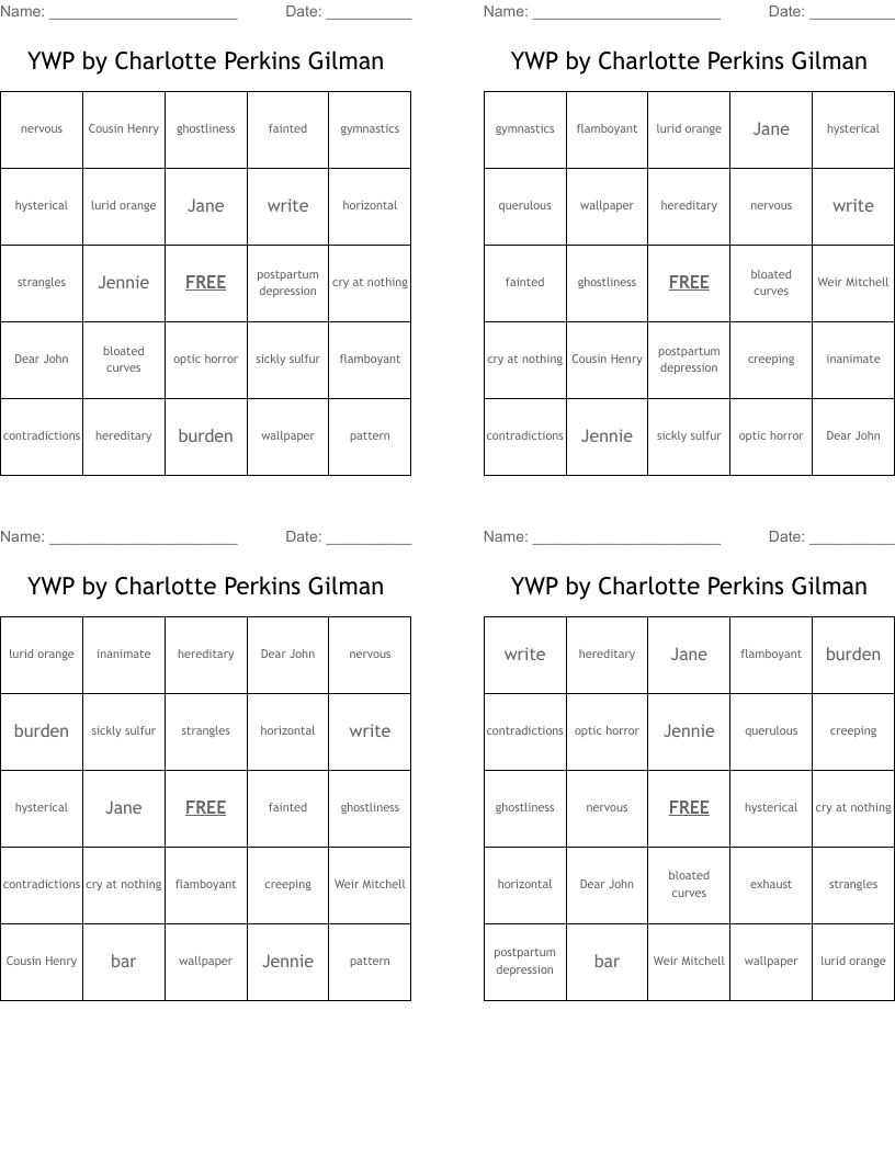 YWP by Charlotte Perkins Gilman Bingo Cards