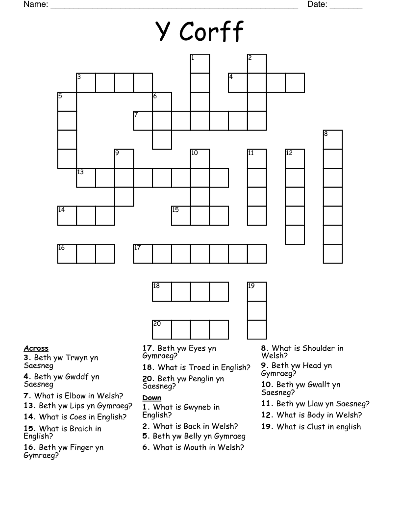 Y Corff Crossword